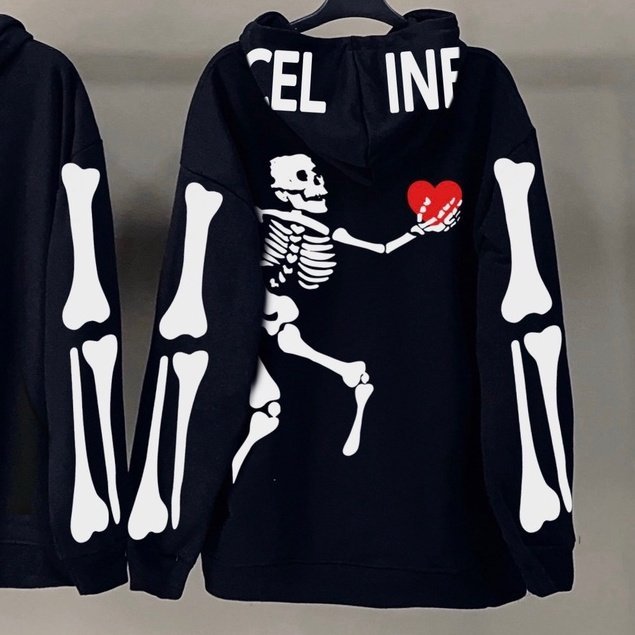 Áo hoodie nỉ nam nữ hình bộ xương cầm trái tim áo nỉ có mũ trùm đầu