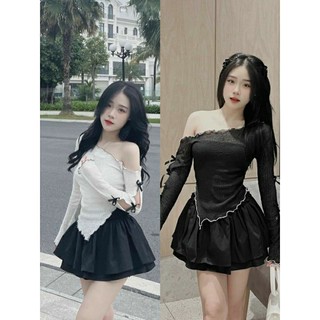 Áo Thun Hở Vai Đính Nơ Dài Tay Cách Điệu Phong Cách Tiểu thư ngọt ngào