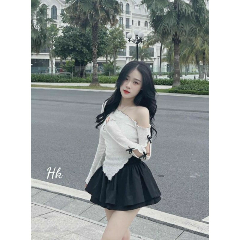 Áo Thun Hở Vai Đính Nơ Dài Tay Cách Điệu