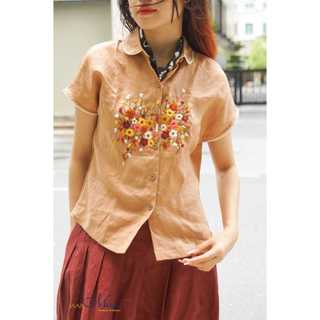 MaxMessi -Áo top linen vai đỗ viền ren thêu tay ANTHEA