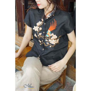 MaxMessi - Áo top linen vai đỗ viền ren thêu tay ALICE
