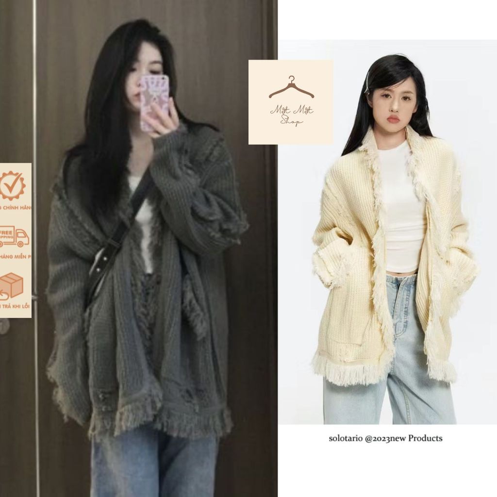 Áo Khoác Len, Áo Cardigan Dáng Dài From Rộng Dễ Mặc Phối Viền Tua Rua Phù Hợp Đi Chơi, Dạo Phố Matmat