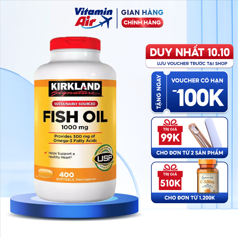 Dầu cá Fish Oil 1000mg Kirkland Signature 400 viên bổ mắt, hỗ trợ tim mạch, trí não, thần kinh tăng cường trí nhớ