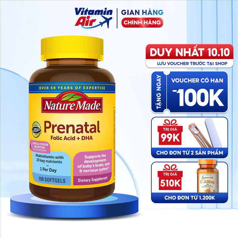 Vitamin tổng hợp cho mẹ bầu của Mỹ Nature Made Prenatal Folic Acid + DHA 150 viên
