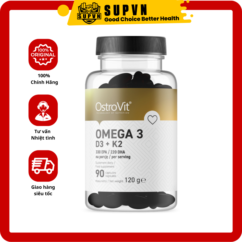 Dầu cá Omega 3 D3 K2(MK7) Ostrovit - Hỗ trợ sức khỏe toàn diện bổ trợ xương khớp và hệ miễn dịch - Fish oil 90 viên