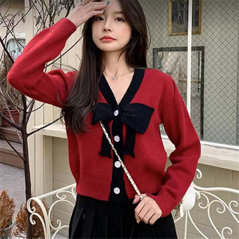 Áo khoác len cardigan INFLACHI dài tay cho nữ thắt nơ thiết kế sang chảnh độc đáo phong cách Hàn Quốc M206 D2-15