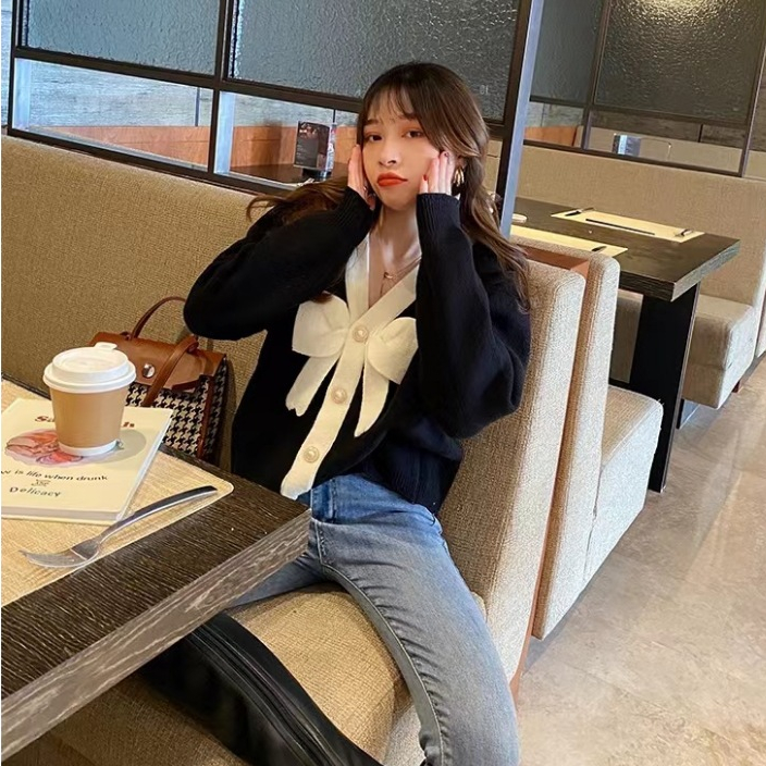 Áo khoác len cardigan INFLACHI dài tay cho nữ thắt nơ thiết kế sang chảnh độc đáo phong cách Hàn Quốc M206 D2-15