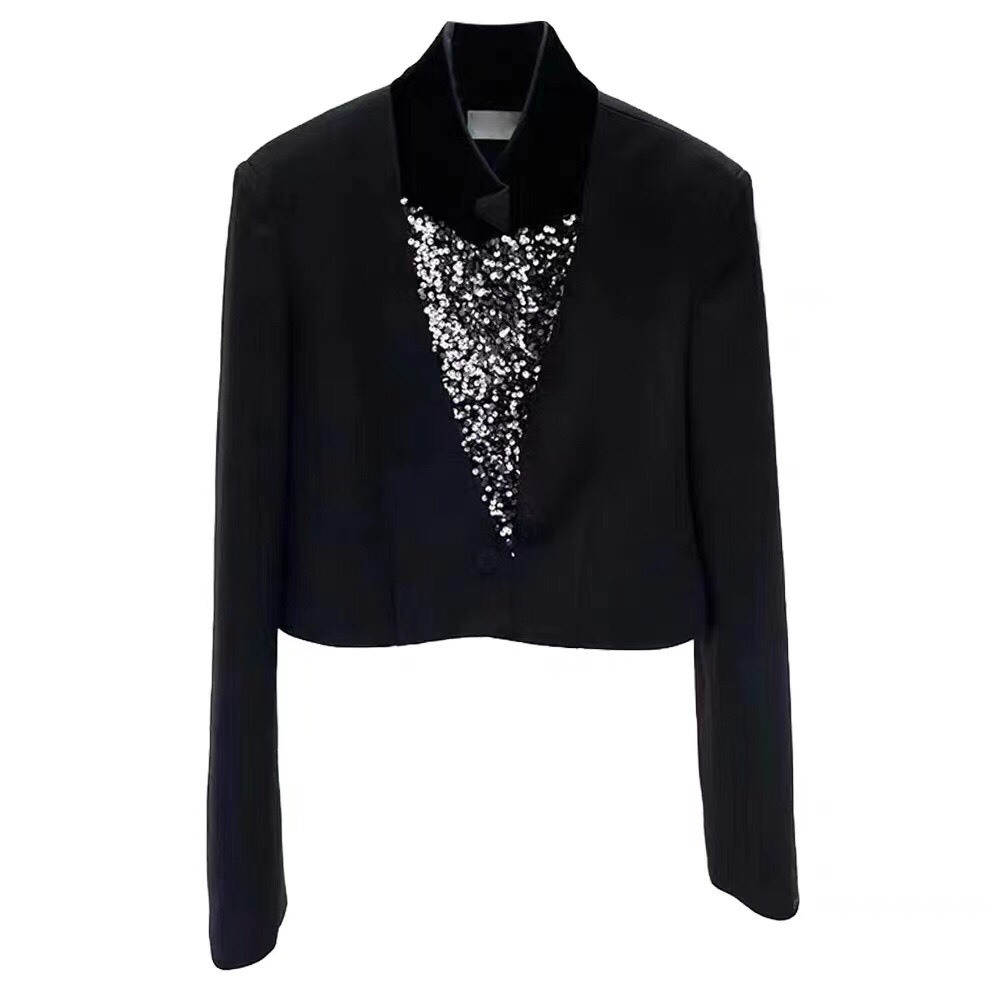 B003 Set Blazer croptop phối mặt kim tuyến lấp lánh cài trâm chân váy da siêu xinh hẹn hò Sẵn IB Giảm 30K