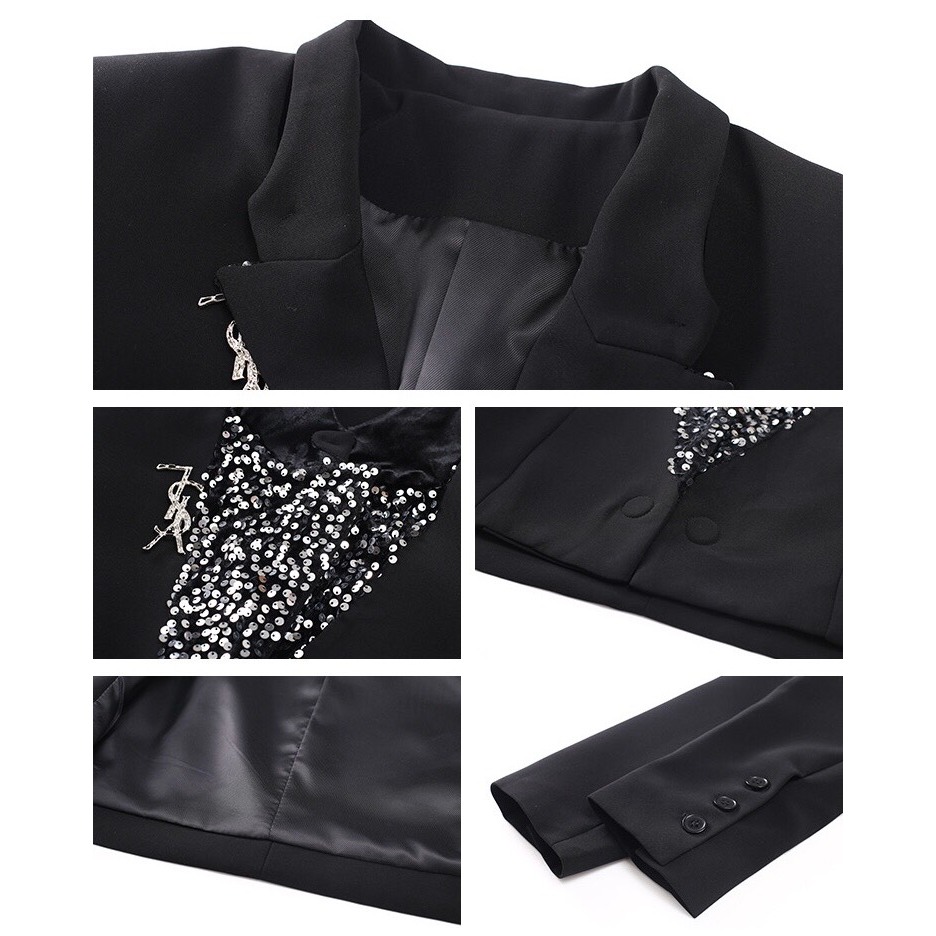 B003 Set Blazer croptop phối mặt kim tuyến lấp lánh cài trâm chân váy da siêu xinh hẹn hò Sẵn IB Giảm 30K