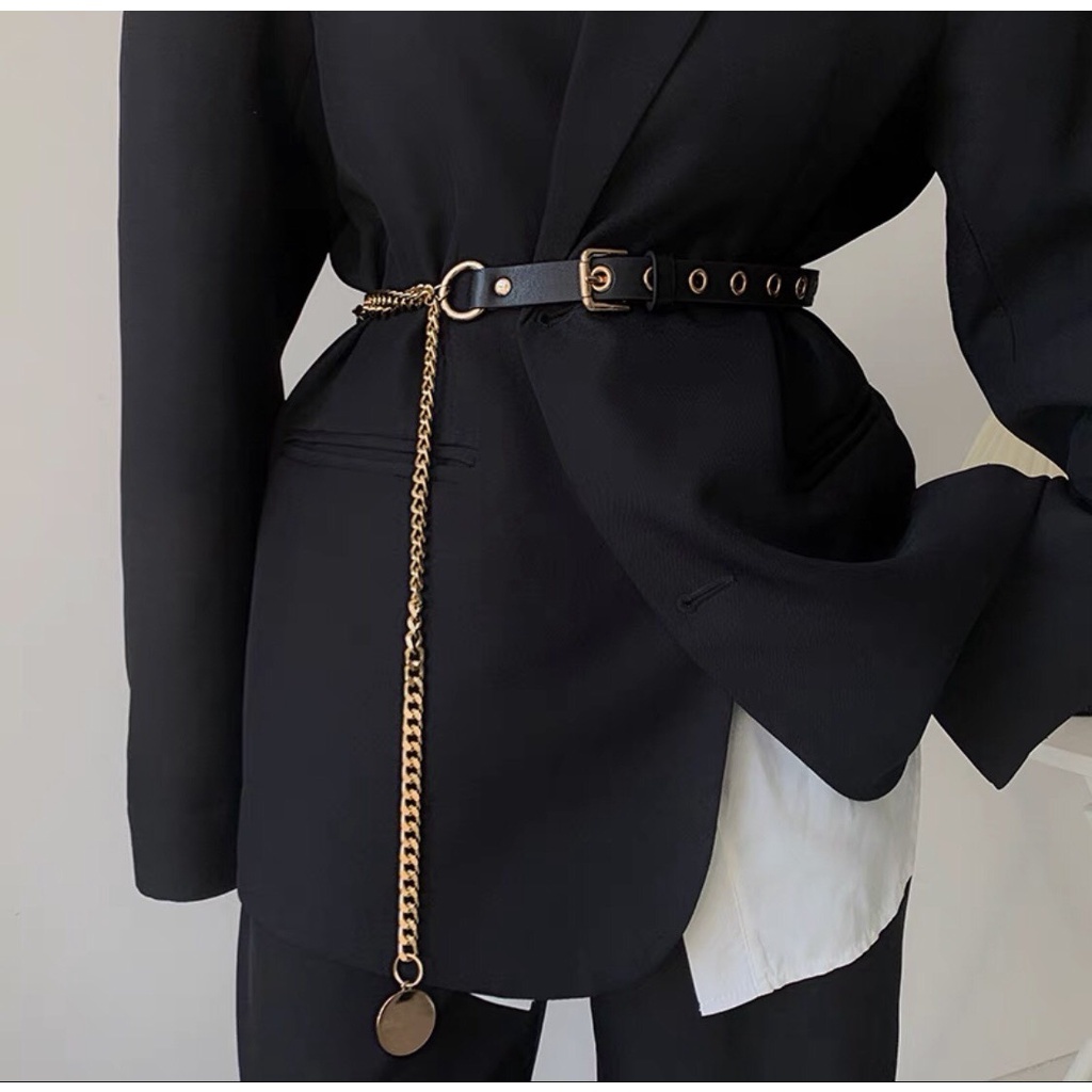 Dây đai belt thắt lưng nịt váy xích phối da lỗ cho áo khoác blazer vest cao cấp