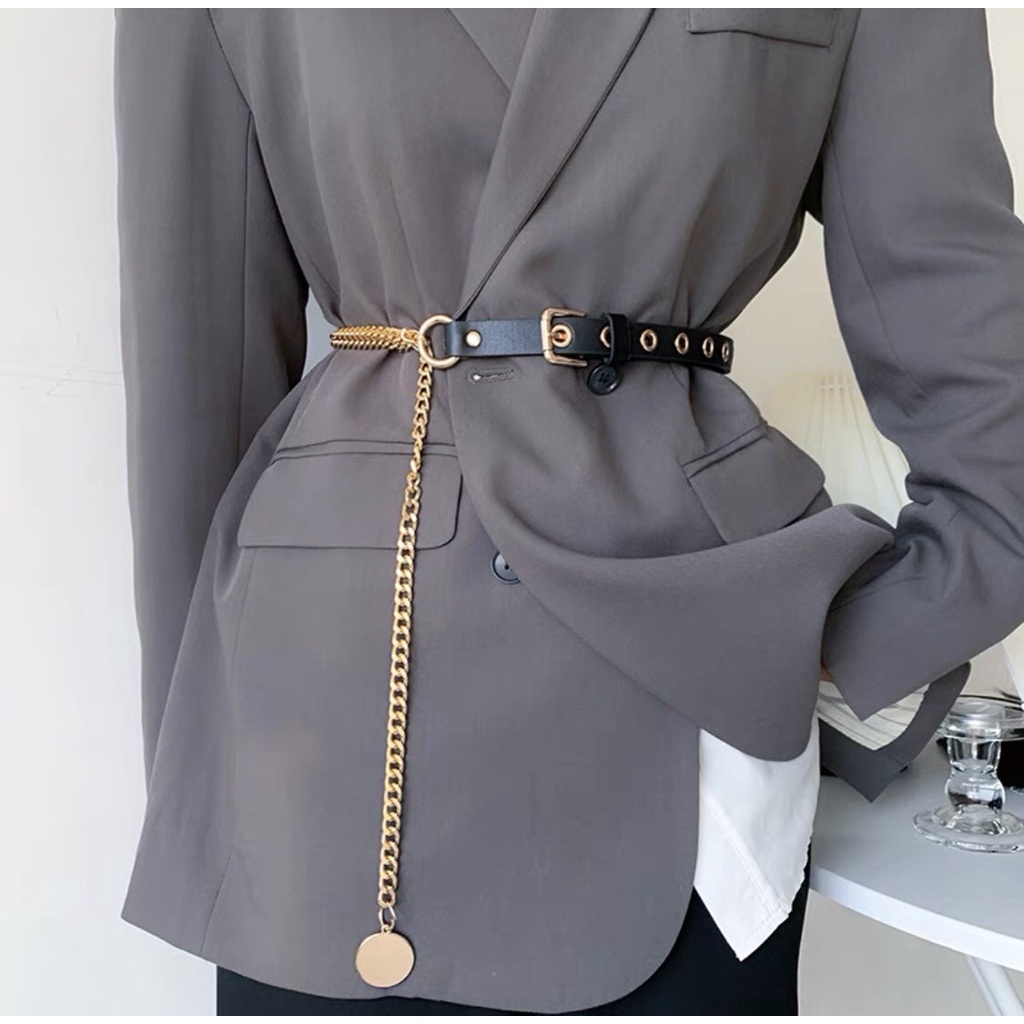 Dây đai belt thắt lưng nịt váy xích phối da lỗ cho áo khoác blazer vest cao cấp