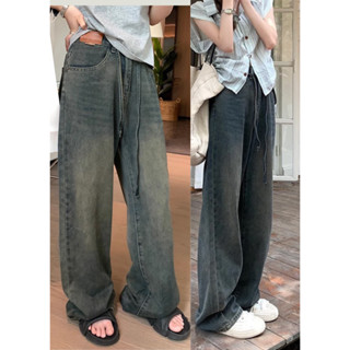 Quần jeans ống suông rộng màu nâu phối dây rút màu retro Quan9062/P5K9