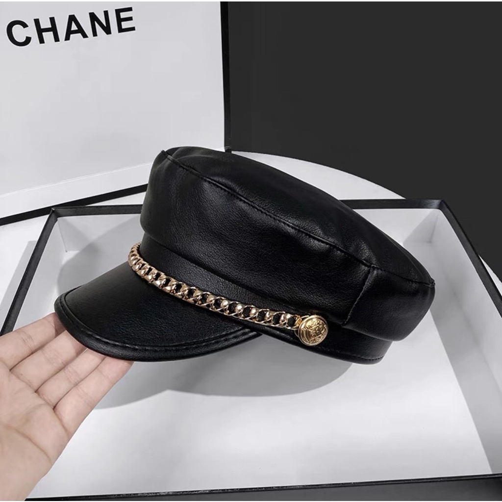 Mũ Bucket Chất Liệu Da Màu Trơn phối xích Thời Trang Thu Đông Phong Cách Hàn Quốc