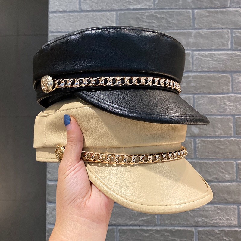 Mũ Bucket Chất Liệu Da Màu Trơn phối xích Thời Trang Thu Đông Phong Cách Hàn Quốc
