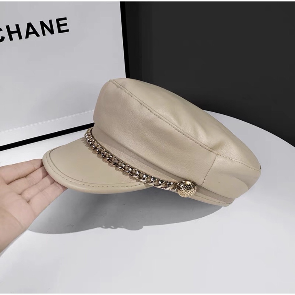 Mũ Bucket Chất Liệu Da Màu Trơn phối xích Thời Trang Thu Đông Phong Cách Hàn Quốc