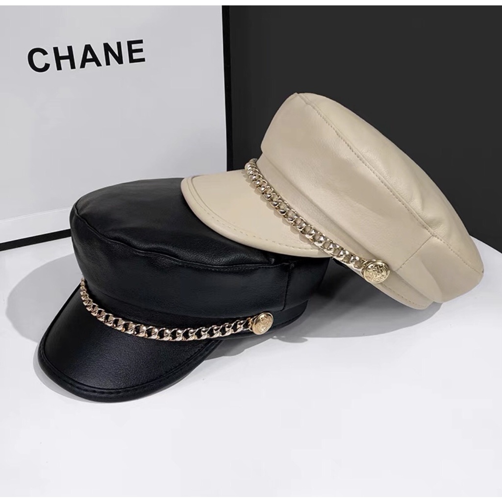 Mũ Bucket Chất Liệu Da Màu Trơn phối xích Thời Trang Thu Đông Phong Cách Hàn Quốc