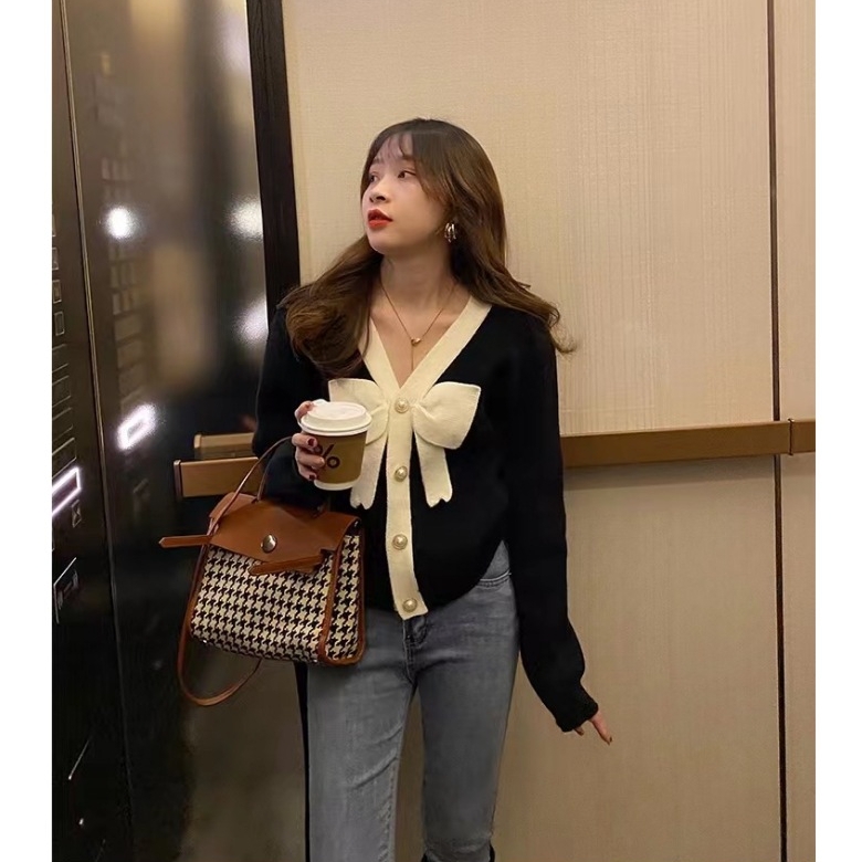 Áo khoác len cardigan INFLACHI dài tay cho nữ thắt nơ thiết kế sang chảnh độc đáo phong cách Hàn Quốc M206 D2-15