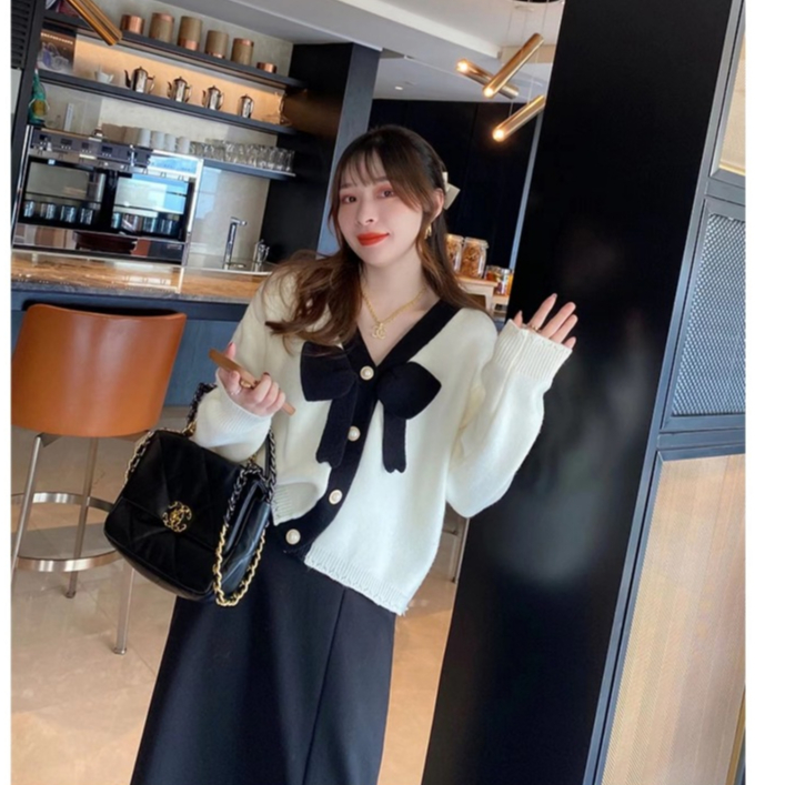 Áo khoác len cardigan INFLACHI dài tay cho nữ thắt nơ thiết kế sang chảnh độc đáo phong cách Hàn Quốc M206 D2-15