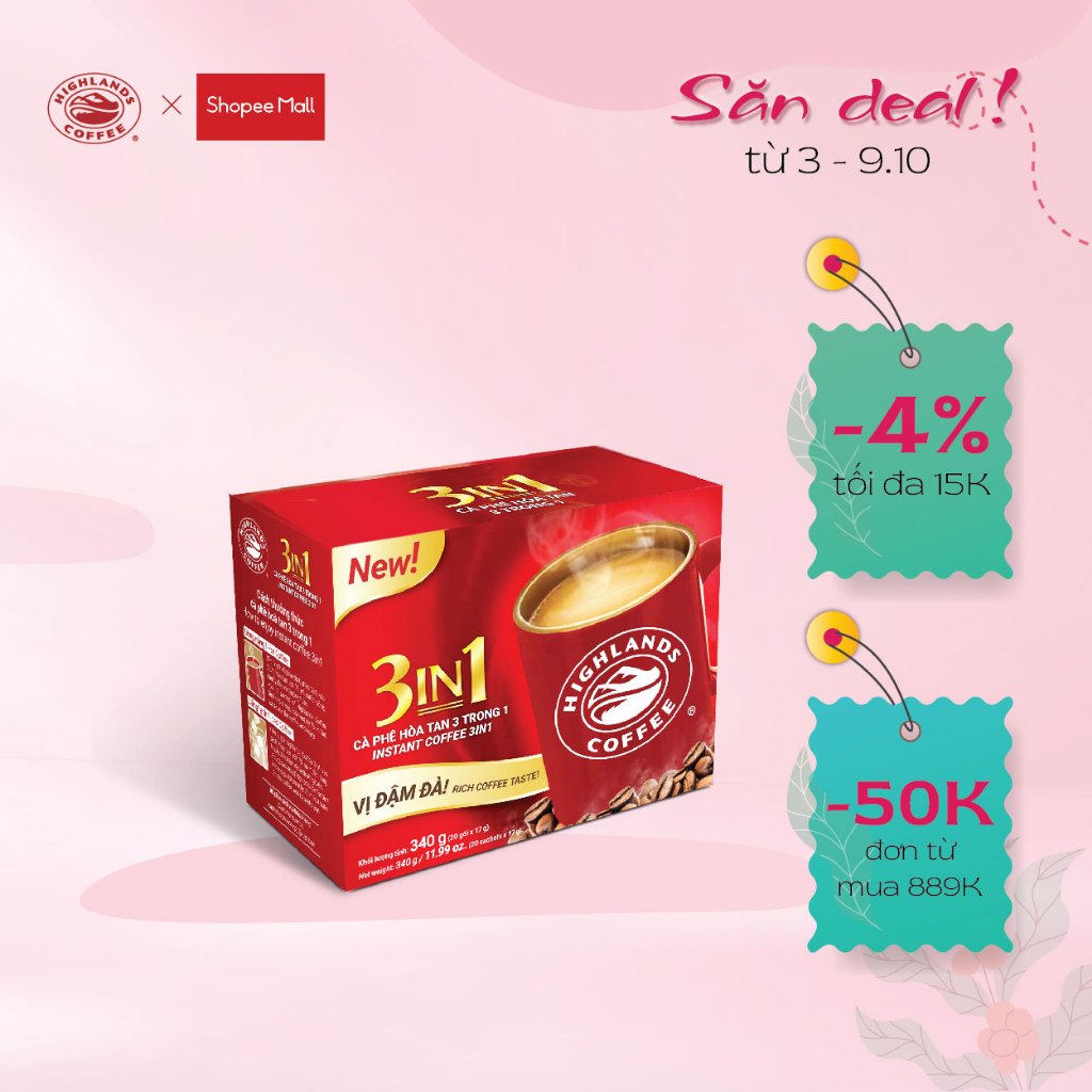 Cà Phê Highlands Coffee 3in1 Hòa Tan (hộp 20 Gói x 17g/gói)