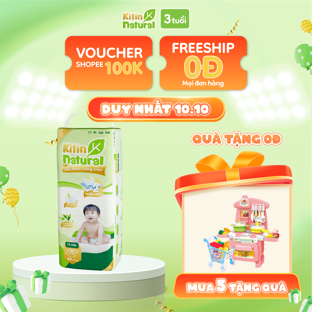 [MUA KÈM DEAL SỐC] Combo 5 bịch Tã/Bỉm Kitin Natural dán Kitin Natural size NB56/S50/M44/L40