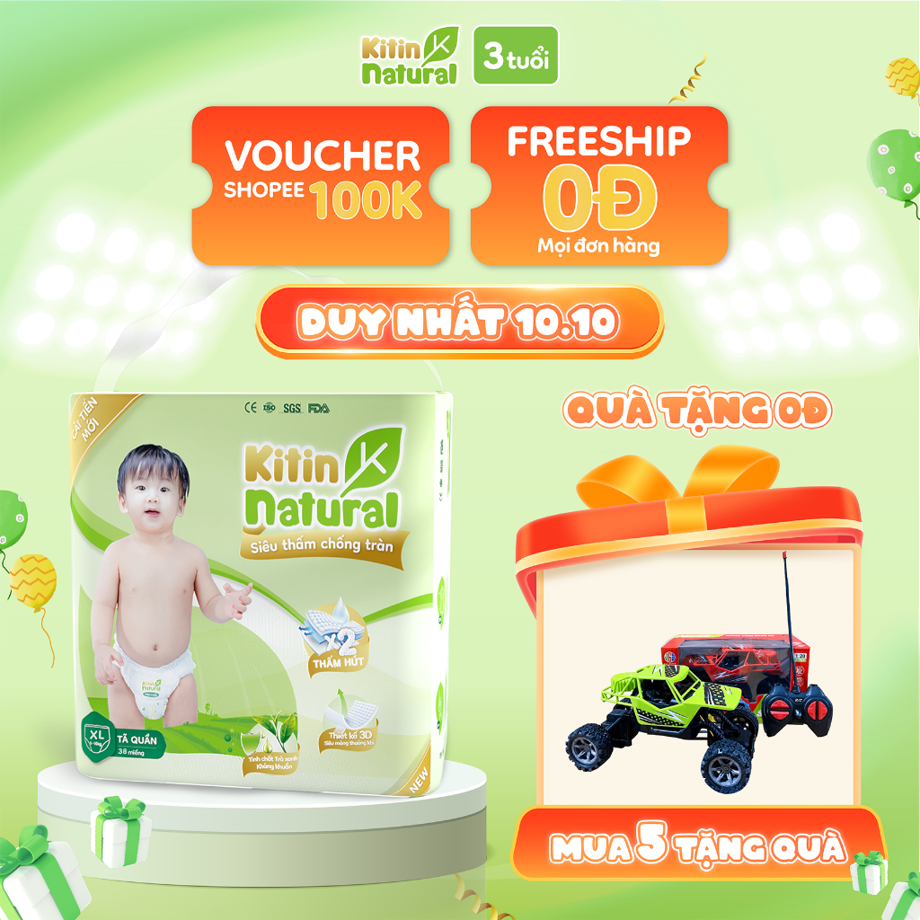 [MUA KÈM DEAL SỐC] Combo 5 bịch Tã/Bỉm quần Kitin Natural size M44/L40/XL38/XXL36/XXXL34