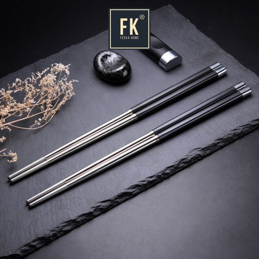Đũa inox cao cấp kháng khuẩn tráng chịu nhiệt độ cao, đũa ăn cơm alloy sang trọng kèm gác đũa