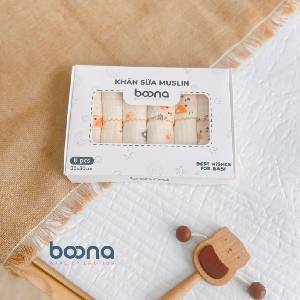 KHĂN SỮA 2 LỚP VẢI MUSLIN BOONA - HỘP 6 KHĂN CAO CẤP - HÀNG CHÍNH HÃNG