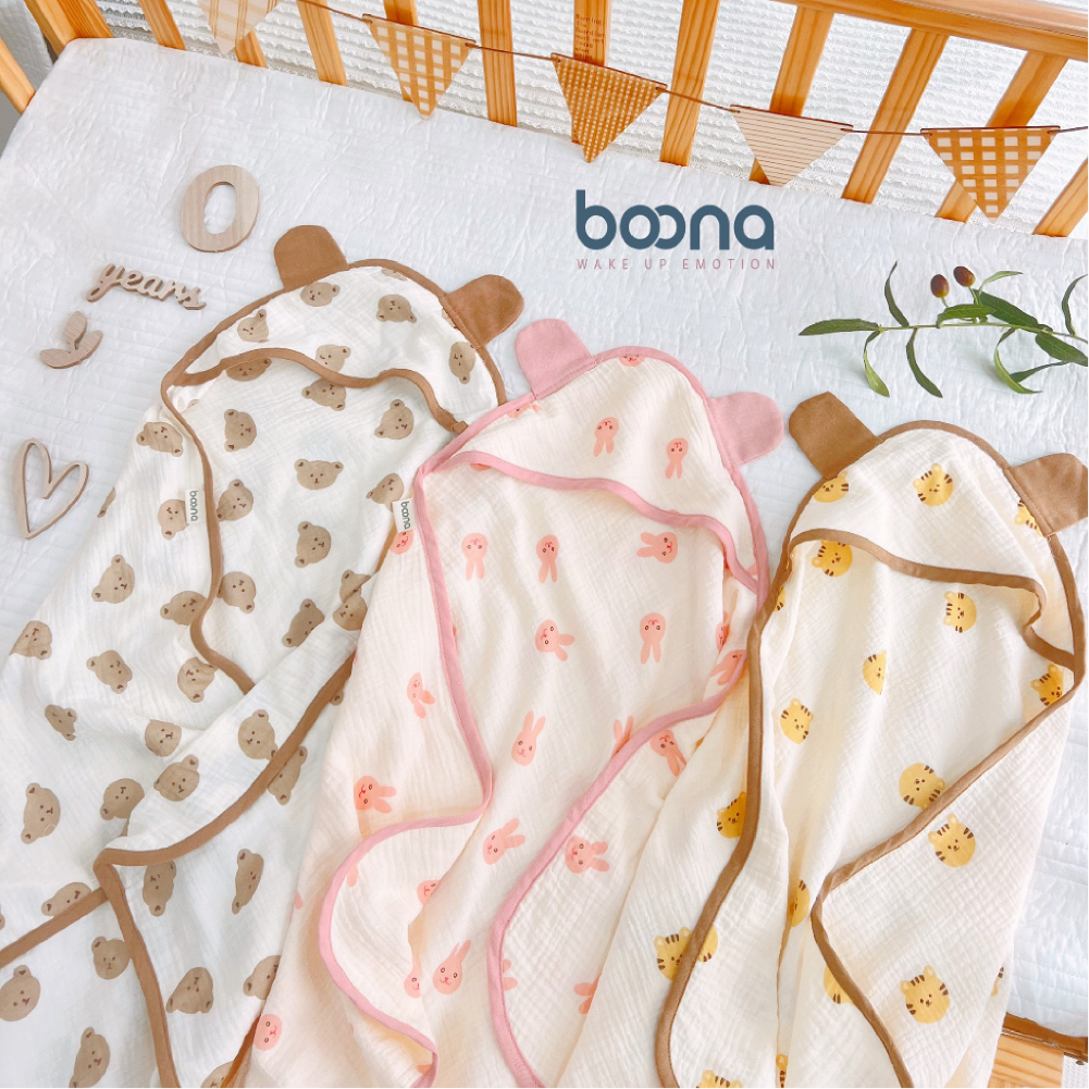 CHĂN Ủ XÔ MUSLIN BOONA 4 LỚP CÓ MŨ - KT 75 X 75CM - HÀNG CHÍNH HÃNG