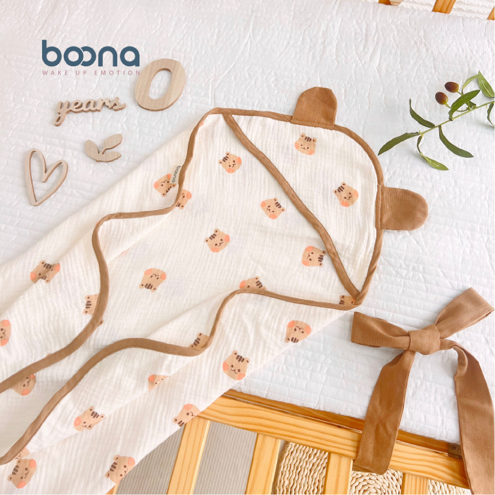 CHĂN Ủ XÔ MUSLIN BOONA 4 LỚP CÓ MŨ - KT 75 X 75CM - HÀNG CHÍNH HÃNG
