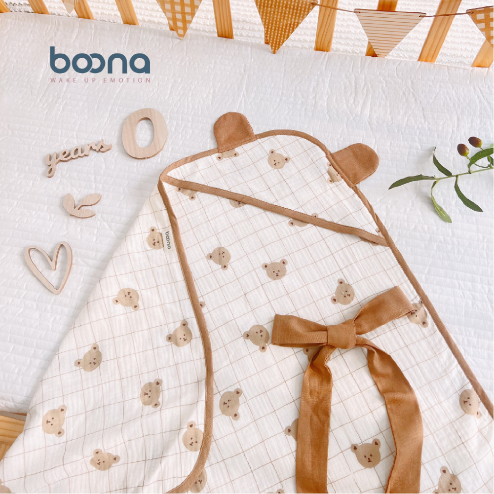 CHĂN Ủ XÔ MUSLIN BOONA 4 LỚP CÓ MŨ - KT 75 X 75CM - HÀNG CHÍNH HÃNG