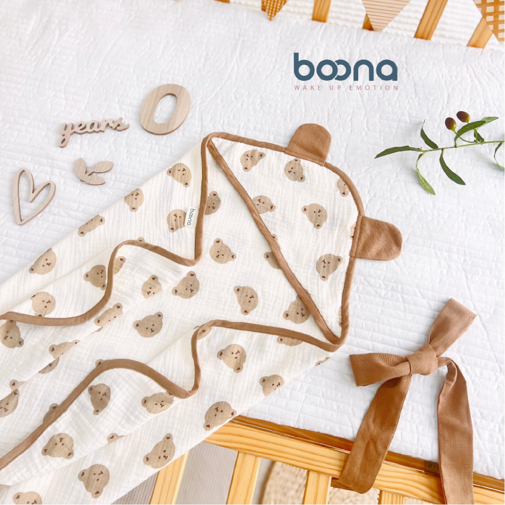CHĂN Ủ XÔ MUSLIN BOONA 4 LỚP CÓ MŨ - KT 75 X 75CM - HÀNG CHÍNH HÃNG