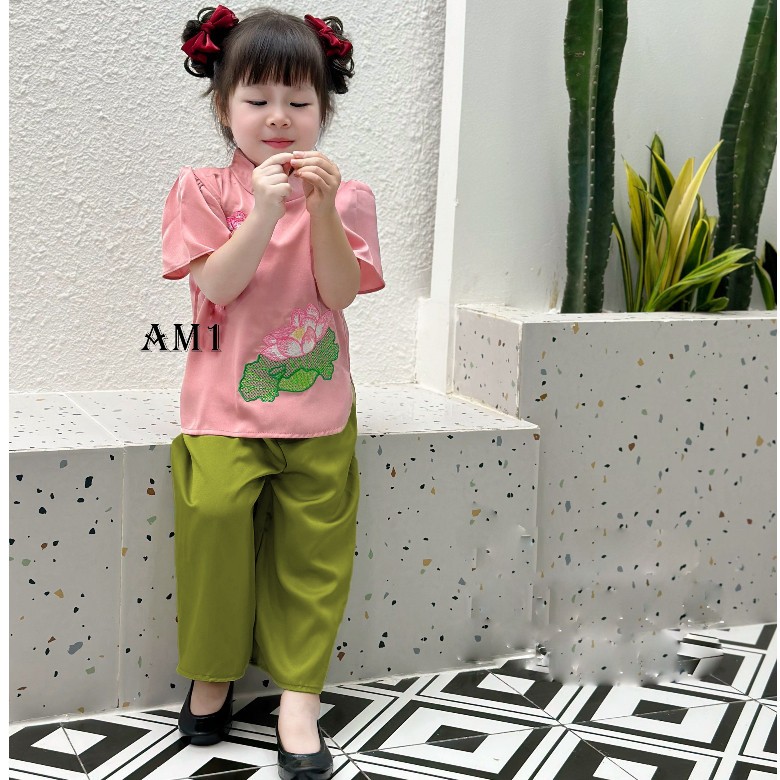 Set áo bà ba thêu hoa sen TTR366 Đồ bộ cho bé gái xinh xắn