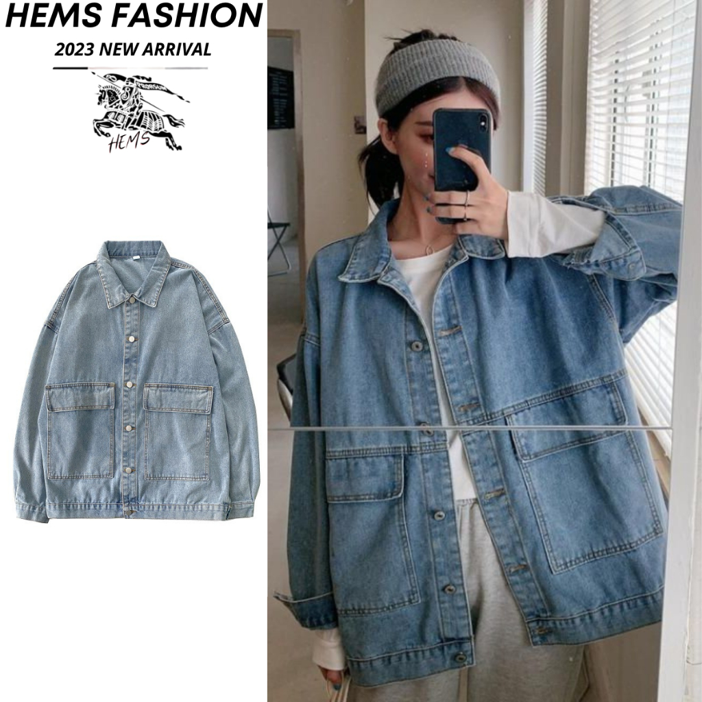 Áo khoác jean dài tay unisex , áo khoác bò thời trang nam nữ form rộng túi hộp HEMS, phong cách Hàn Quốc