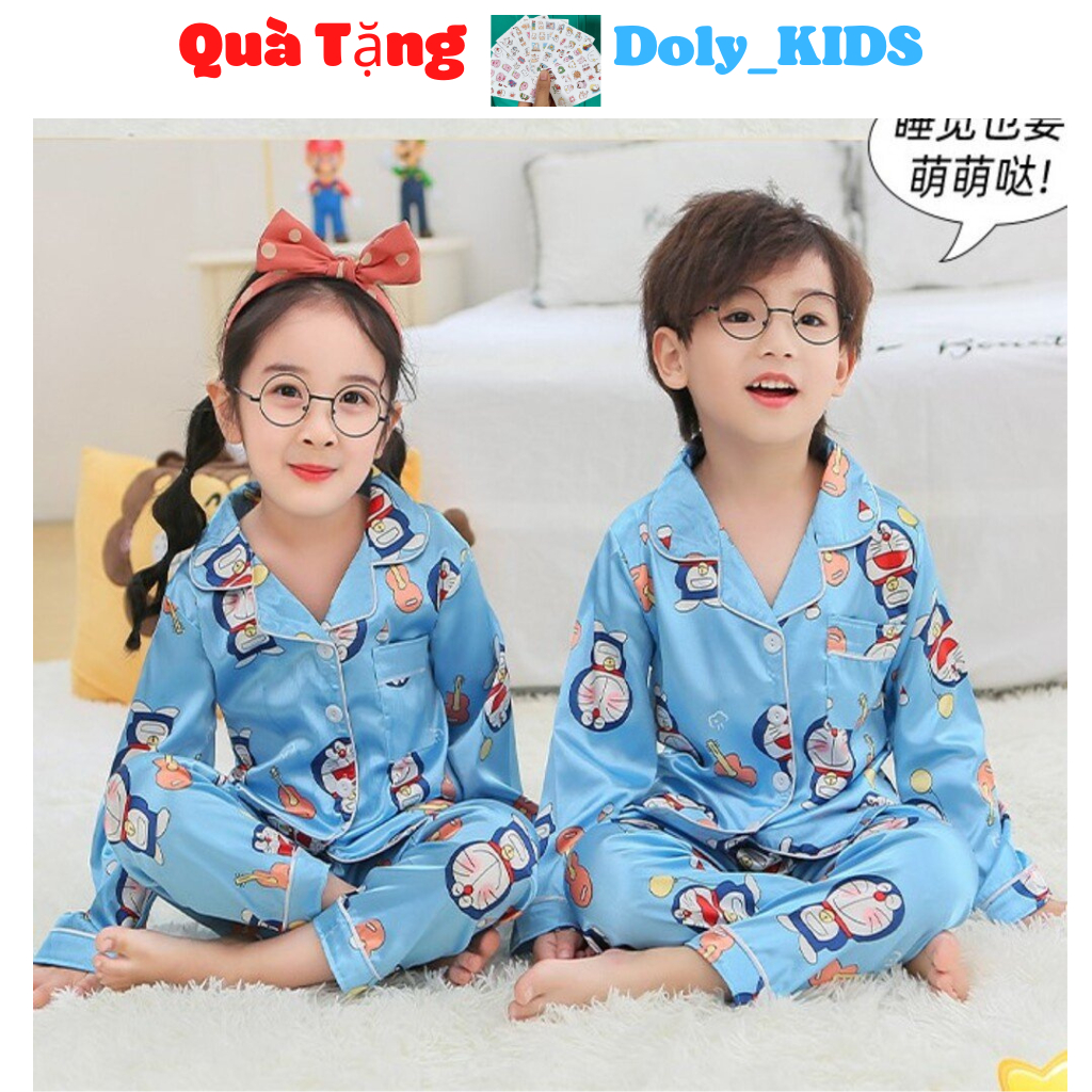 Bộ Pijama Cho Bé Trai Bé Gái DOLY KIDS, Đồ bộ ngủ cho bé trai bé gái chất phi lụa in hình Doraemon và pikachu cho bé28kg