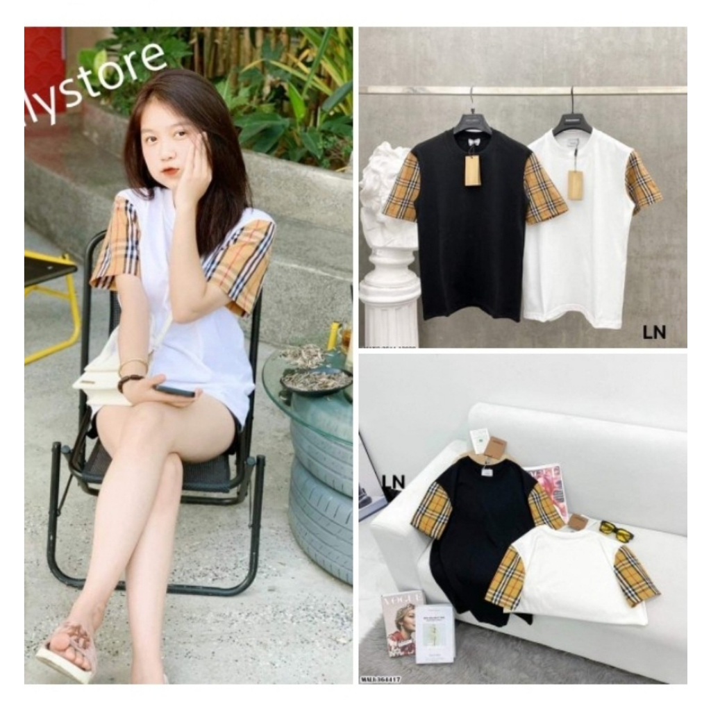 Áo phông nam nữ Unisex BBR tay kẻ caro cổ tròn, form rộng vải Cotton cực chất