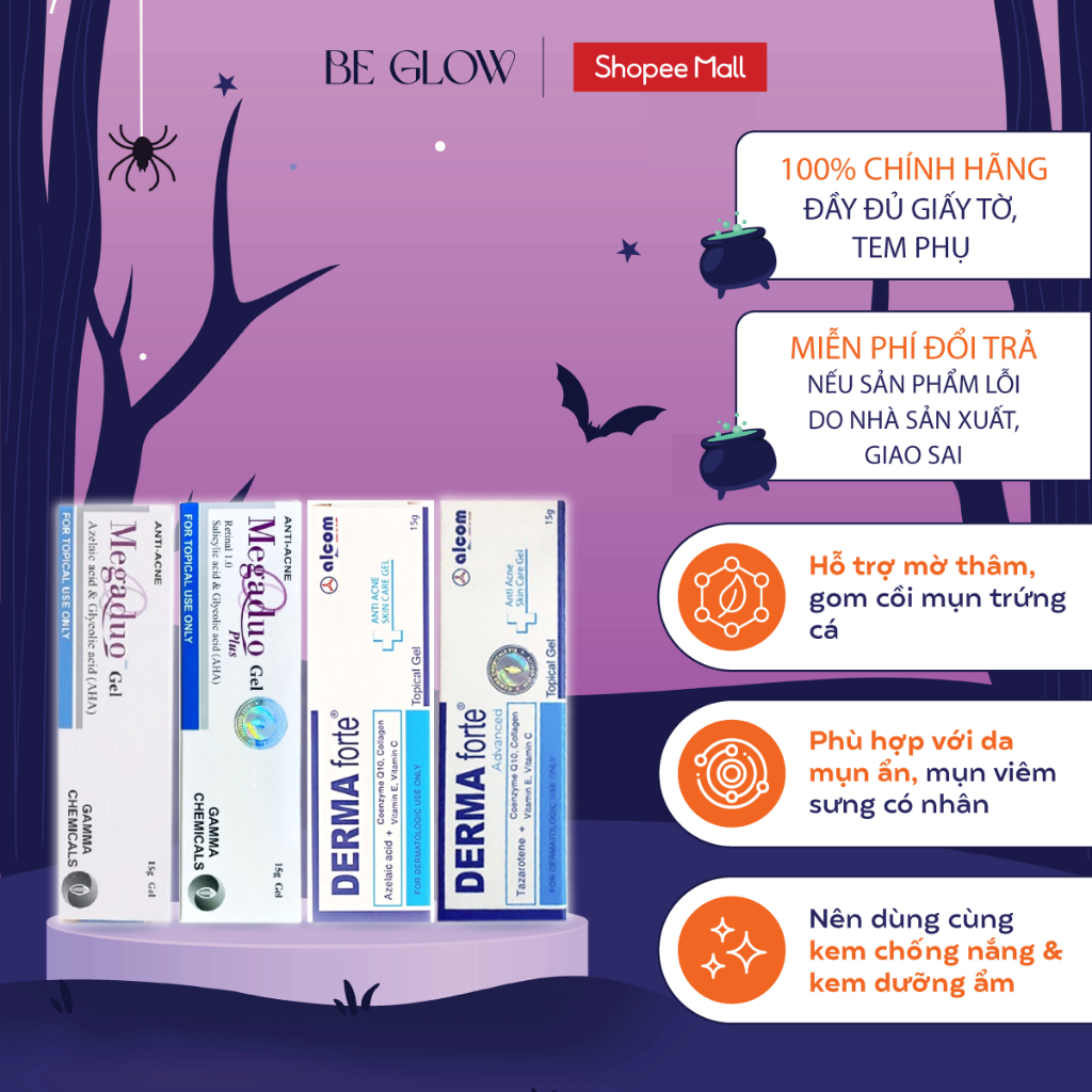 Combo Gel mụn Gamma Megaduo Gel AHA 15g và Derma Forte 15g hỗ trợ giảm mụn, mờ thâm - Be Glow Beauty