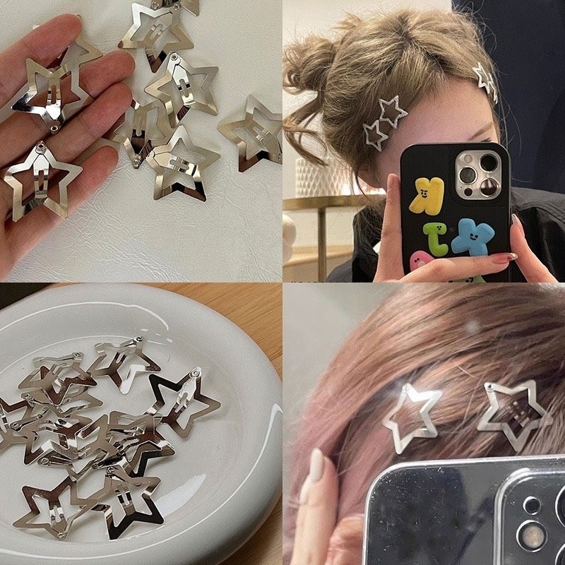 Kẹp tóc ngôi sao 5 cánh kim loại màu bạc phong cách y2k dễ thương