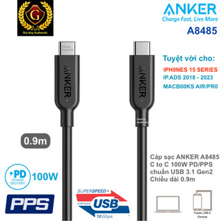 Cáp sạc nhanh ANKER A8485 PowerLine II C to C chuẩn 3.1 Gen2 PD 100W 10Gbps chiều dài 0.9m