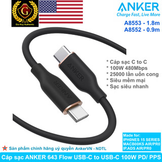 Cáp sạc nhanh anker 643 flow usb-c to usb-c 100w pd/pps dài 1.8m - a8553 hàng chính hãng phân phối uỷ quyền