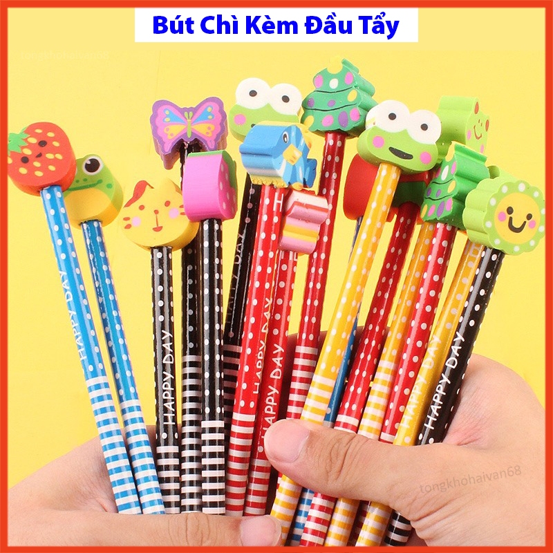 Bút chì kèm đầu tẩy bút chì gỗ cute , thiết kế đơn giản nhân vật hoạt hình dễ thương nhiều màu sắc lựa chọn