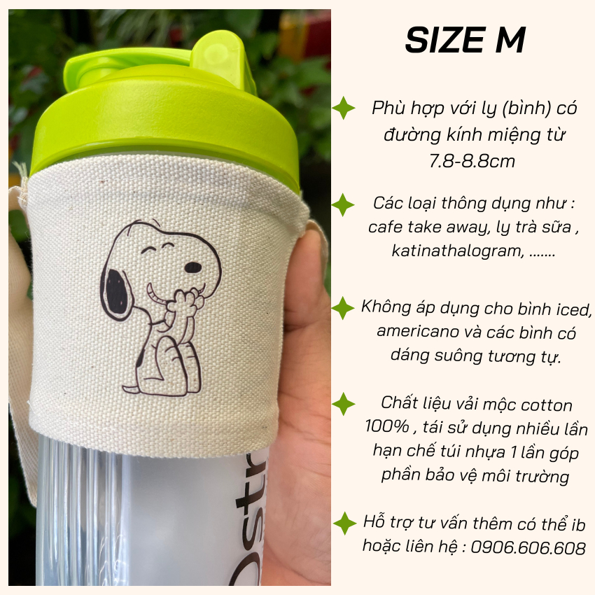 Túi treo ly cốc (cup holder) Ginko Canvas in hình Snoopy Cute ( nhiều size)