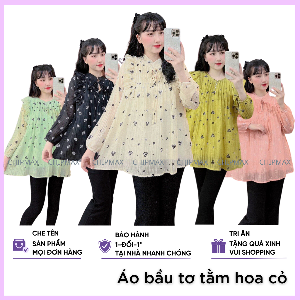 Áo Bầu Xinh Áo Bầu Babydoll Dài Tay Vải Đũi Tơ Hoa Nhí Cổ Tròn Cài Cúc, Cổ Đức Thắt Nơ Thu Đông Công Sở Đủ 5 Màu Chipmax