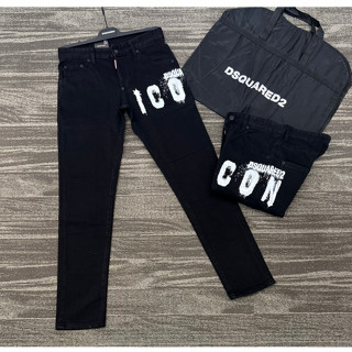 Quần ICON Đen Chữ Ngang Đùi Quần bò nam Dsq2 đen trơn in chữ ICON trắng ngang đùi dáng slimfit đơn giản đi học boy phố