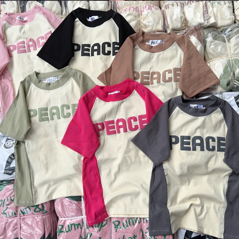 Áo Thun Nữ Baby Tee Dáng Ôm Cổ Tròn Tay Ngắn Phối Màu In Chữ PEACE Thời Trang Sugal TOP NU 115