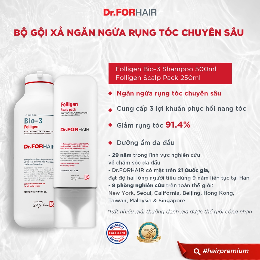 Bộ gội xả ngăn ngừa rụng tóc chuyên sâu Dr.FORHAIR Folligen BIO-3 Shampoo x Folligen Scalp Pack