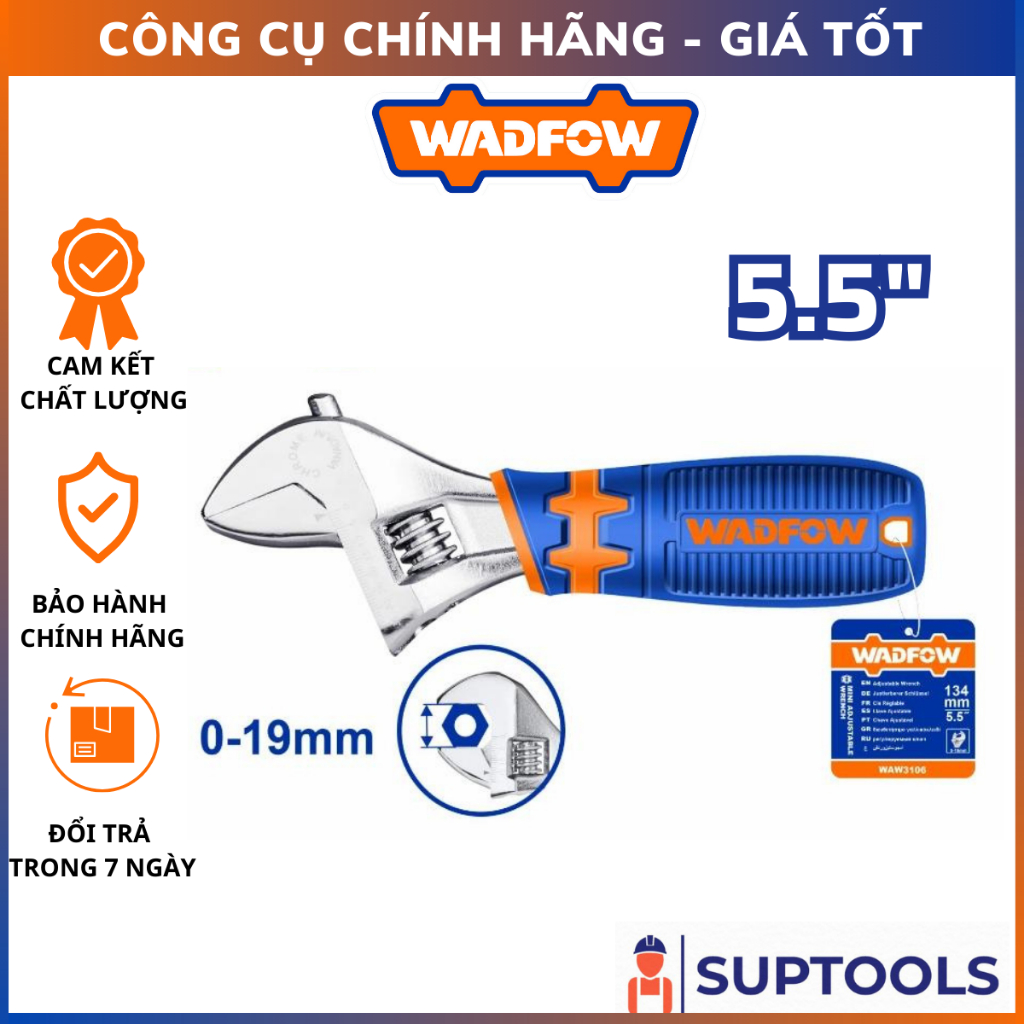 Cờ lê mỏ lết mini 5.5" WADFOW WAW3106 cán cao su mềm Kích thước kẹp: 0-19mm [Đồ nghề chính hãng]