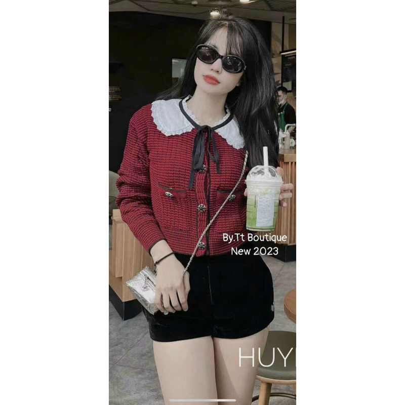 Áo len carigan cổ sen viền ren QCL1