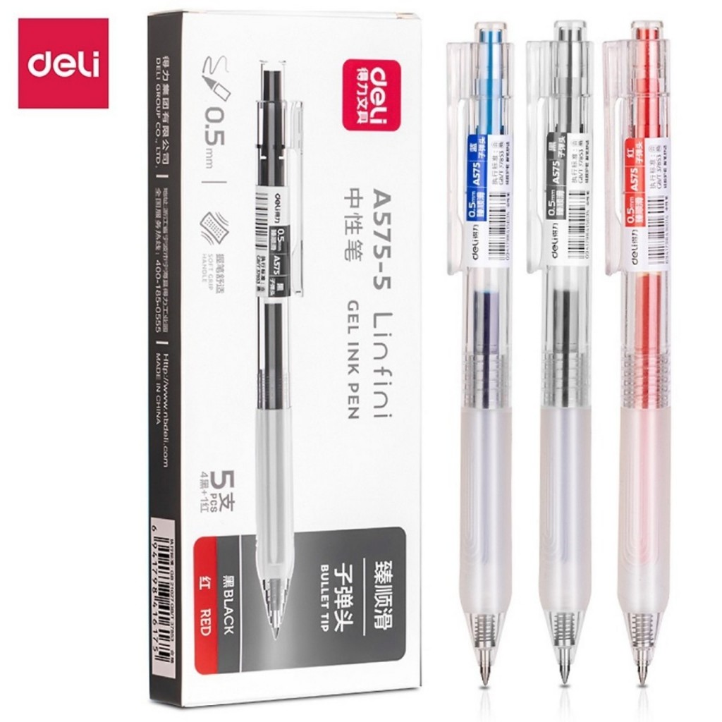 [Hộp 5 cây] Bút gel bấm vỏ trong suốt Deli A575 0.5mm / Bút gel Deli có ruột thay thế