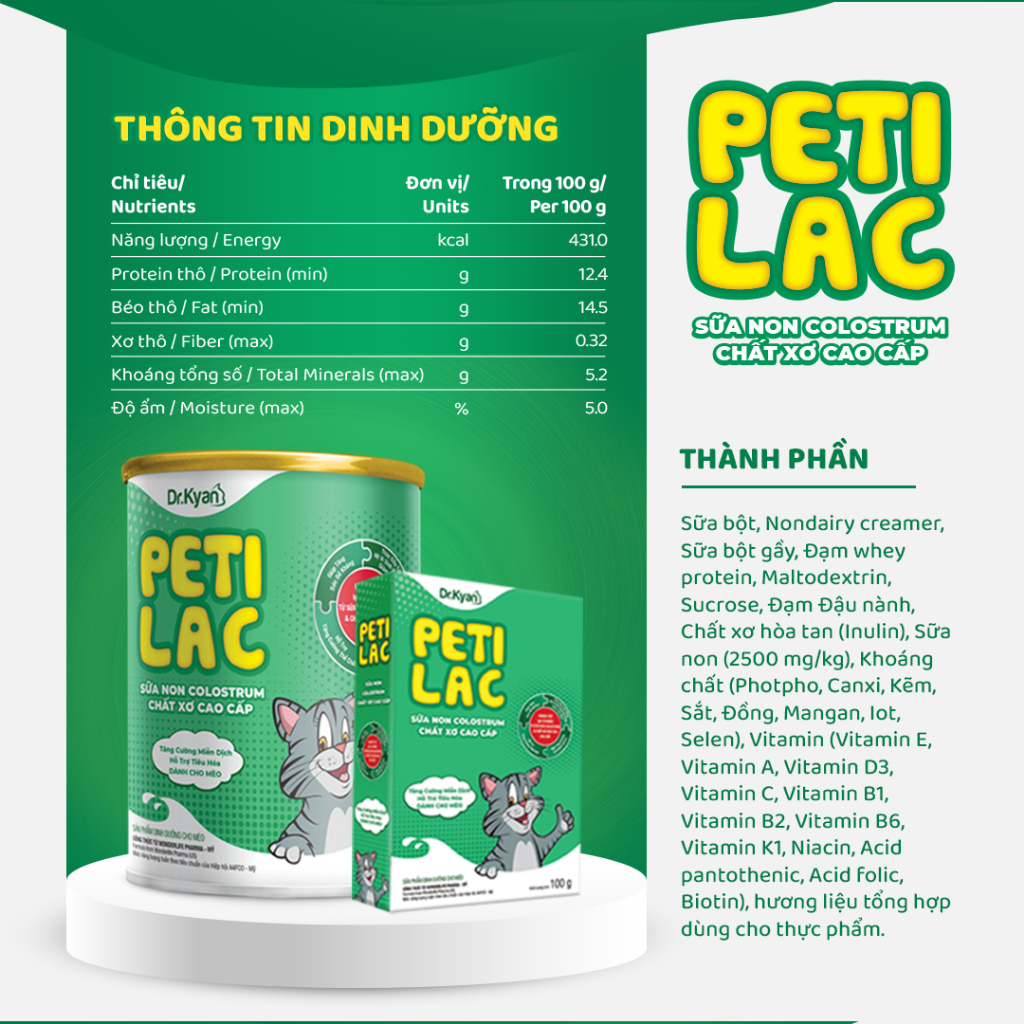 Dr.Kyan - Sữa bột dinh dưỡng PETILAC - Bổ sung sữa non Colostrum & Chất xơ cao cấp cho mèo 400g