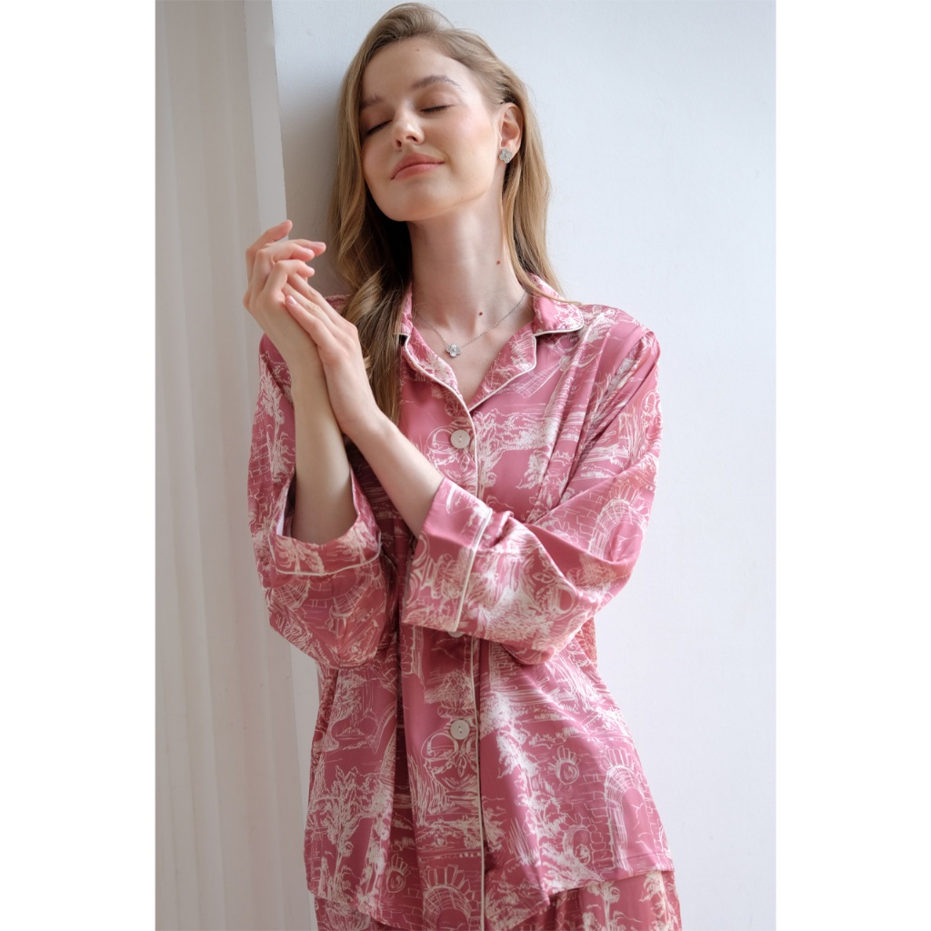 Bộ Pyjamas Nữ Mặc Nhà Quần Dài Áo Dài Chất Liệu Lụa In Hoa Tiết Paris Hồng Đỗ Xanh Cốm LILAS BLANC